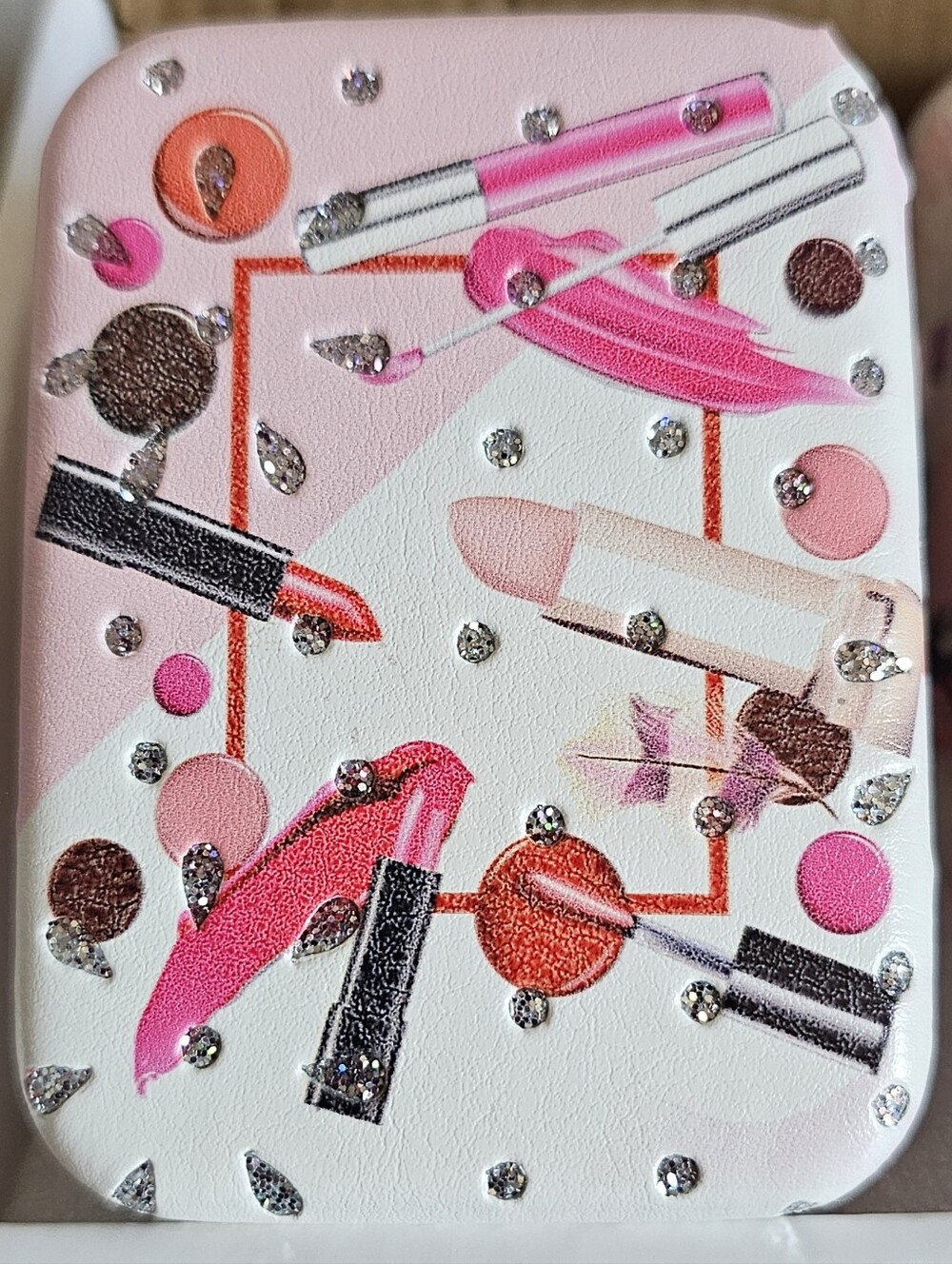 Lipstick Print Compact Mirror with Rhinestones